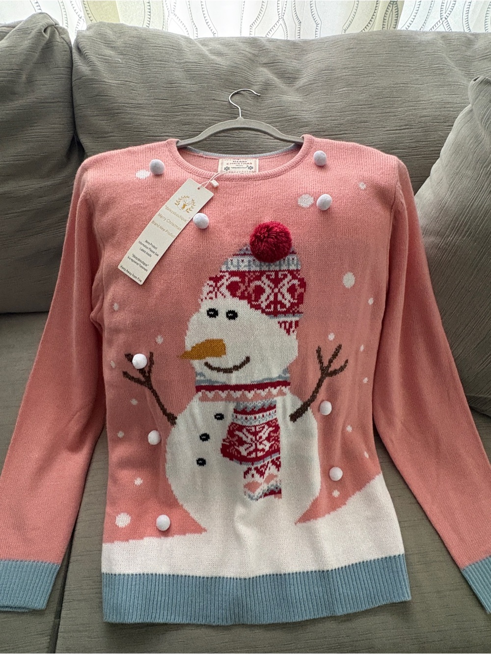 Daisys Boutique Pink Snowman Knit Sweater with Pom Accents Size XL
